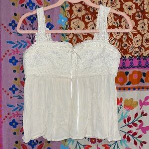 FOREVER 21 Boho Festival Off White Tank With Crochet & Ribbon Size Juniors Small
